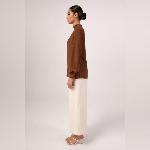 VEILED New York Textured Rayon Balloon Sleeve Blouse - Brown Cocoa - Picture 5 of 15